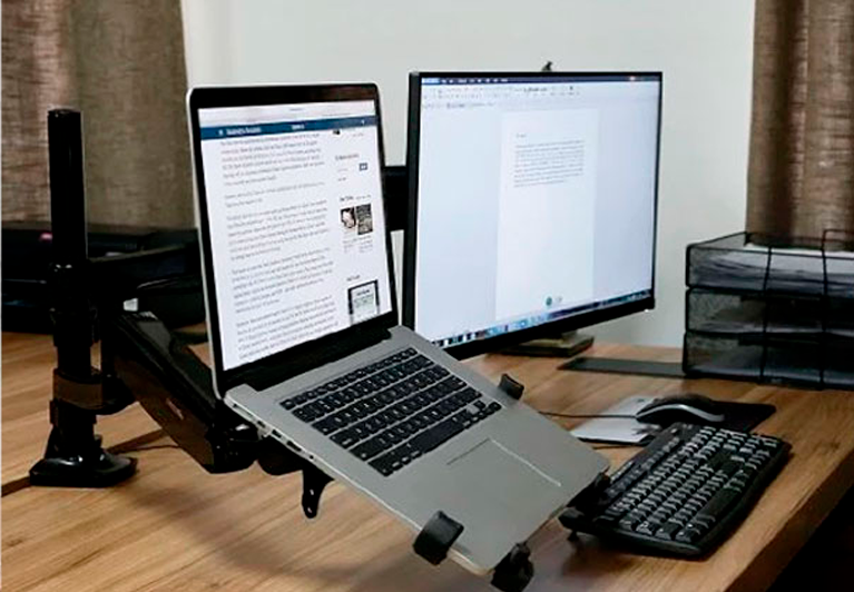 instalacion soporte brazo monitor y computador portatil de mesa